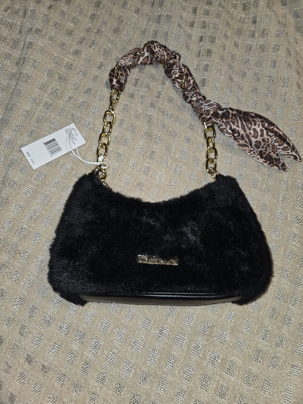 Jessica Simpson Black Faux Fur Shoulder Bag with Gold Chain & Leopard Scarf